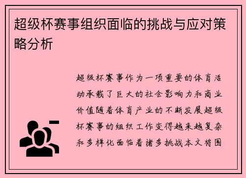 超级杯赛事组织面临的挑战与应对策略分析